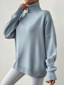 EURMUSE Ladies' Solid Color High Neck Drop Shoulder Sweater - Blue - View 4