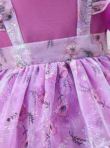 SHEIN 少女花卉印花拼接蓬蓬袖連衣裙 - 紫色 - 查看 5