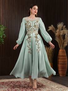 Modelyn Flower Embroidered Lantern Sleeve Net Patchwork Arab Dress Eid Dress - Green - View 1