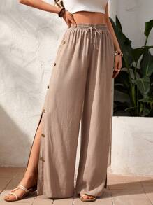 SHEIN VCAY Women's Button Decoration Slit Long Pants For Vacation - Khaki - View 6