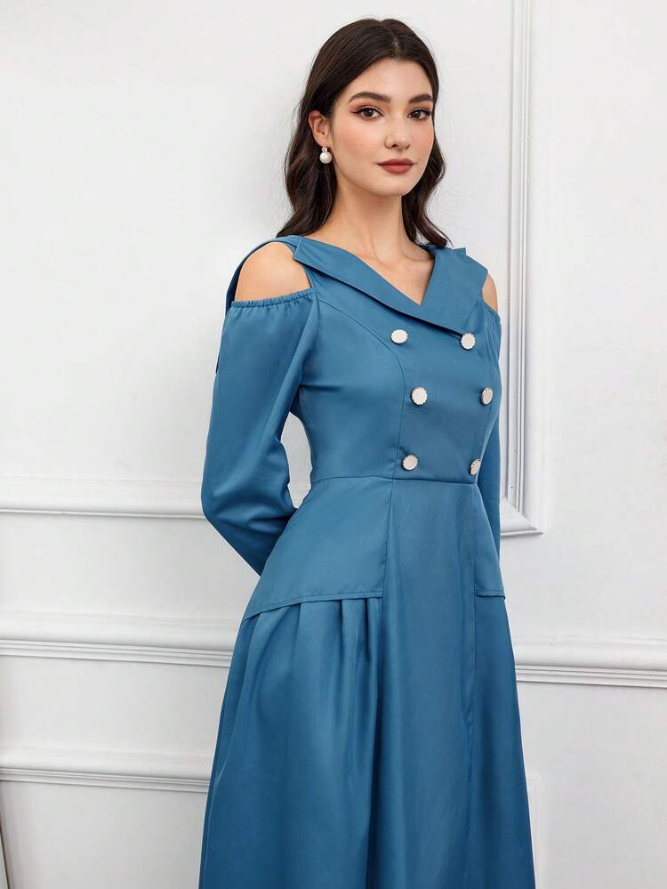Ladies' Hollow Out Shoulder Double Breasted Shirt Dress