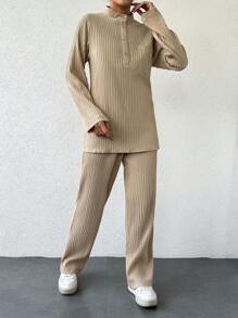 EURMUSE Women's Button Front Long Sleeve Top And Pants Set - Apricot - View 5