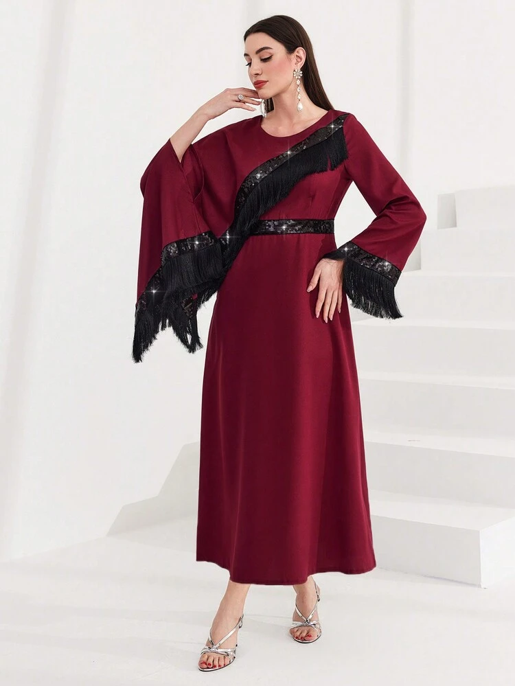 Burgundy Red Women's Glitter Patchwork Fringe Decorated Bodycon Dress Long Evening Dresses Fall Cloth For Women