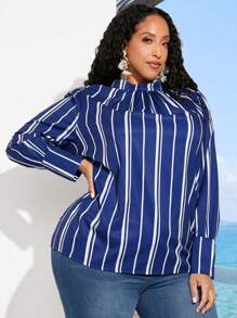 SHEIN CURVE+ Plus Size Women's Stand Collar Striped Button-Down Shirt With Long Sleeves - Blue - View 6