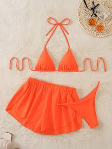 SHEIN Swim Bộ Bikini Hai Dây Màu Trơn Cho Nữ, Bộ Bikini 3 Cái/bộ, Không Dây, Bộ Bikini Đồ Bơi Bộ Đồ Tắm Trang Phục Đi Biển Kỳ Nghỉ Hè Bãi Biển Mùa Hè - trái cam - Xem 3