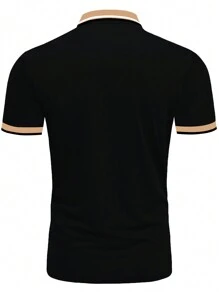 Manfinity Homme Áo sơ mi polo viền tương phản dành cho nam, cổ áo có khối màu đồ họa trơn màu đen thời trang công sở Bố và tôi - màu đen - Xem 2