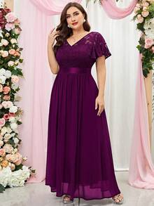 MIUSOL Plus Contrast Lace Butterfly Sleeve Chiffon Formal Dress - Maroon - View 6