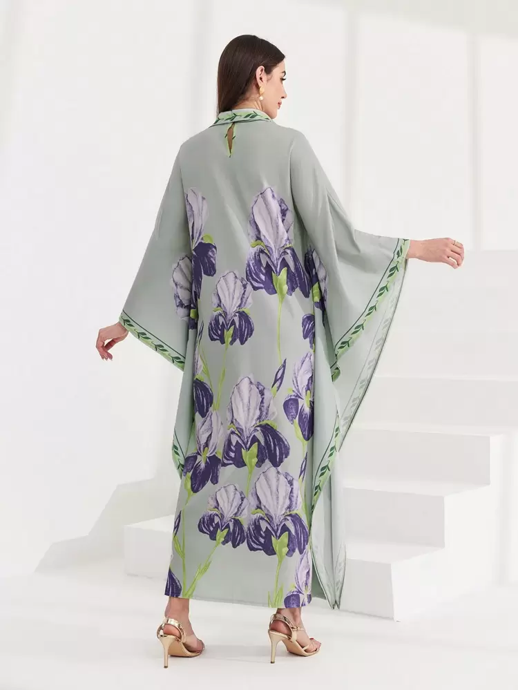 Women's Floral Print Batwing Sleeve Kaftan Dress With Knotted Neckline