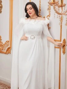 Modelyn Plus Size Women's Off Shoulder Dress With Ruffle Hem And High Slit - White - View 7