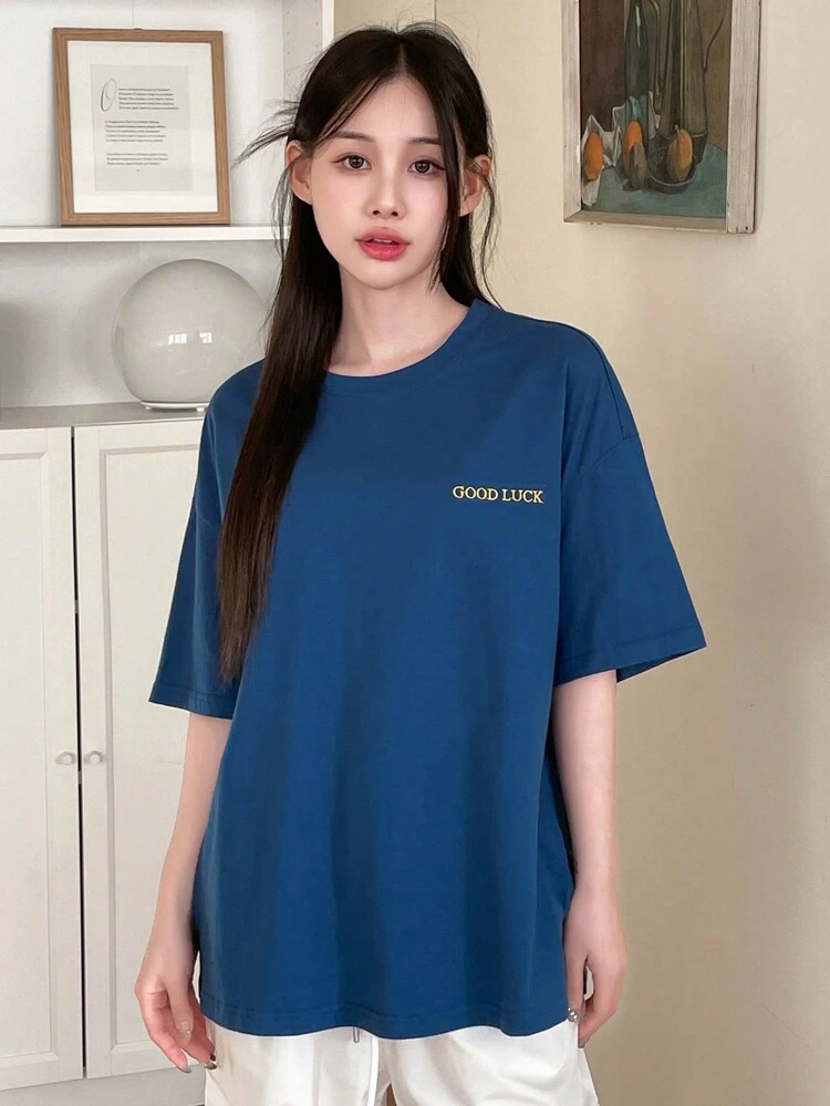 Women's Drop Shoulder T-Shirt With Letter Embroidery Summer Oversized T-Shirt Preppy Tops