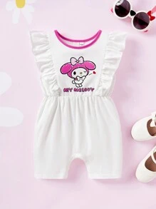 HELLO KITTY AND FRIENDS | SHEIN Baby Girl Cartoon And Letter Graphic Ruffle Trim Romper - White - View 1