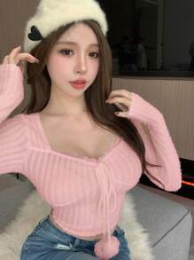DAZY 女絨球細節正面繫帶短版 T 卹 - 粉色 - 查看 4