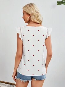 SHEIN Tall Women's Heart Pattern Printed Lace Trimmed Cap Sleeve Blouse - White - View 2