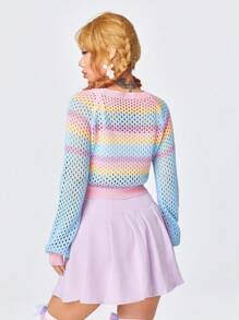 ROMWE Kawaii 女士星星刺繡彩塊空心毛衣 - 彩色 - 查看 5