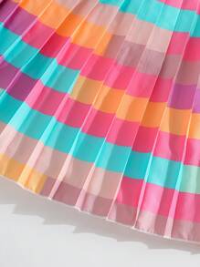 SHEIN 1條少女不對稱色塊圖案百褶短裙,夏季 - 彩色 - 查看 4