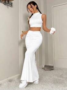 SHEIN Unity Women's Stand Collar Cropped Vest Top And Mermaid Skirt Set - White - View 3
