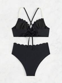 SHEIN Swim Summer Women's Bikini Set With Arc-Shaped Rim And Faux Pearl Decoration - Black - View 3