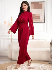 Modelyn Bộ đồ liền thân tay đèn lồng cổ đứng màu đỏ tía có thắt lưng cho nữ - Màu Đỏ Sâu - Xem 3