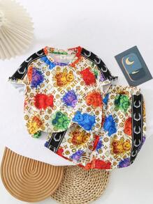 男童可愛舒適的卡通熊圖案短袖上衣+短褲套裝