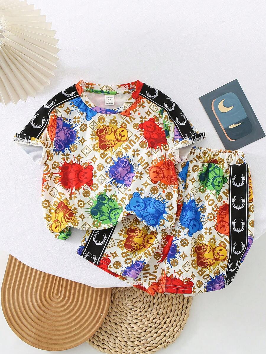 男童可愛舒適的卡通熊圖案短袖上衣+短褲套裝