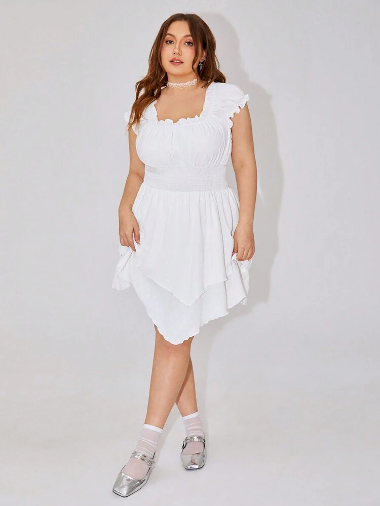 Plus Size White Dress With Flounce Hem And Panelled Design