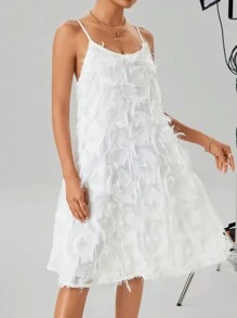 Chiquease Ladies' Solid Color Fringe Spaghetti Strap Dress - White - View 3