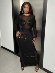 Slaydiva Vestido De Manga Larga De Cuello Redondo Y Ajustado Con Lentejuelas En Malla Que Combina Transparencias Y Aberturas En La Espalda, Perfecto Para Lucir Sexy En San Valentín