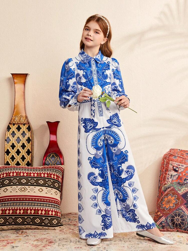 Tween Girl Loose Fit Cute Lapel Collar Vintage Printed Bubble Sleeve Long Jumpsuit