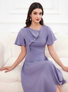 Modelyn Women's Decorative Button Asymmetrical Hem Ruffle Hem Dress - Purple - View 3