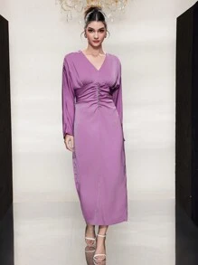 Modelyn 女式水钻装饰褶皱蝙蝠袖连衣裙长款晚礼服女式秋季布料 - 紫色 - 查看 4