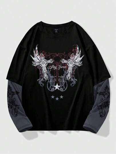 Grunge Punk Maglietta da uomo 2 in 1 a motivo a croce per Ognissanti, scuola