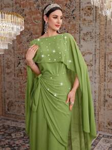 Al Najma Ladies' Shiny Sequin V-Neck Wrap Dress,Elegant Evening Party Dress Long Evening Dresses - Green - View 7