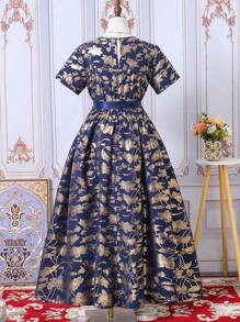 Teen Girl's Dress With Hot Stamped Flower Print And Woven Tape Patchwork