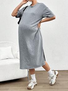 SHEIN 孕婦休閒寬鬆中長款連衣裙,圓領設計和側開叉設計 - 灰色 - 查看 1