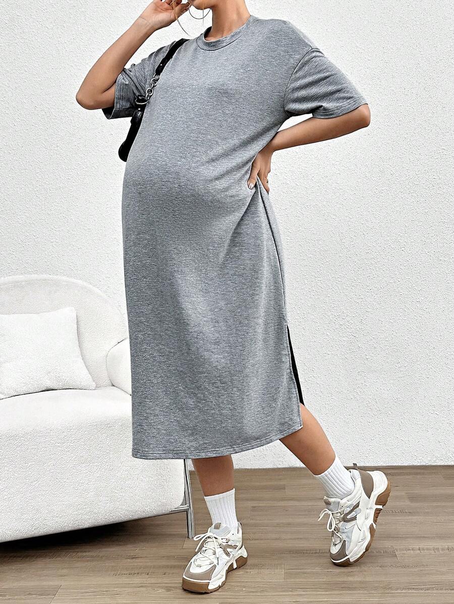 SHEIN 孕婦休閒寬鬆中長款連衣裙,圓領設計和側開叉設計 - 灰色 - 查看 1
