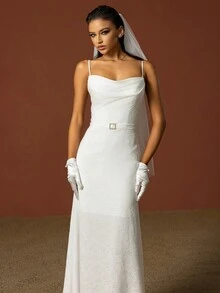 Women Simple Spaghetti Strap Slimming French Style Light Wedding Dress - White - View 4