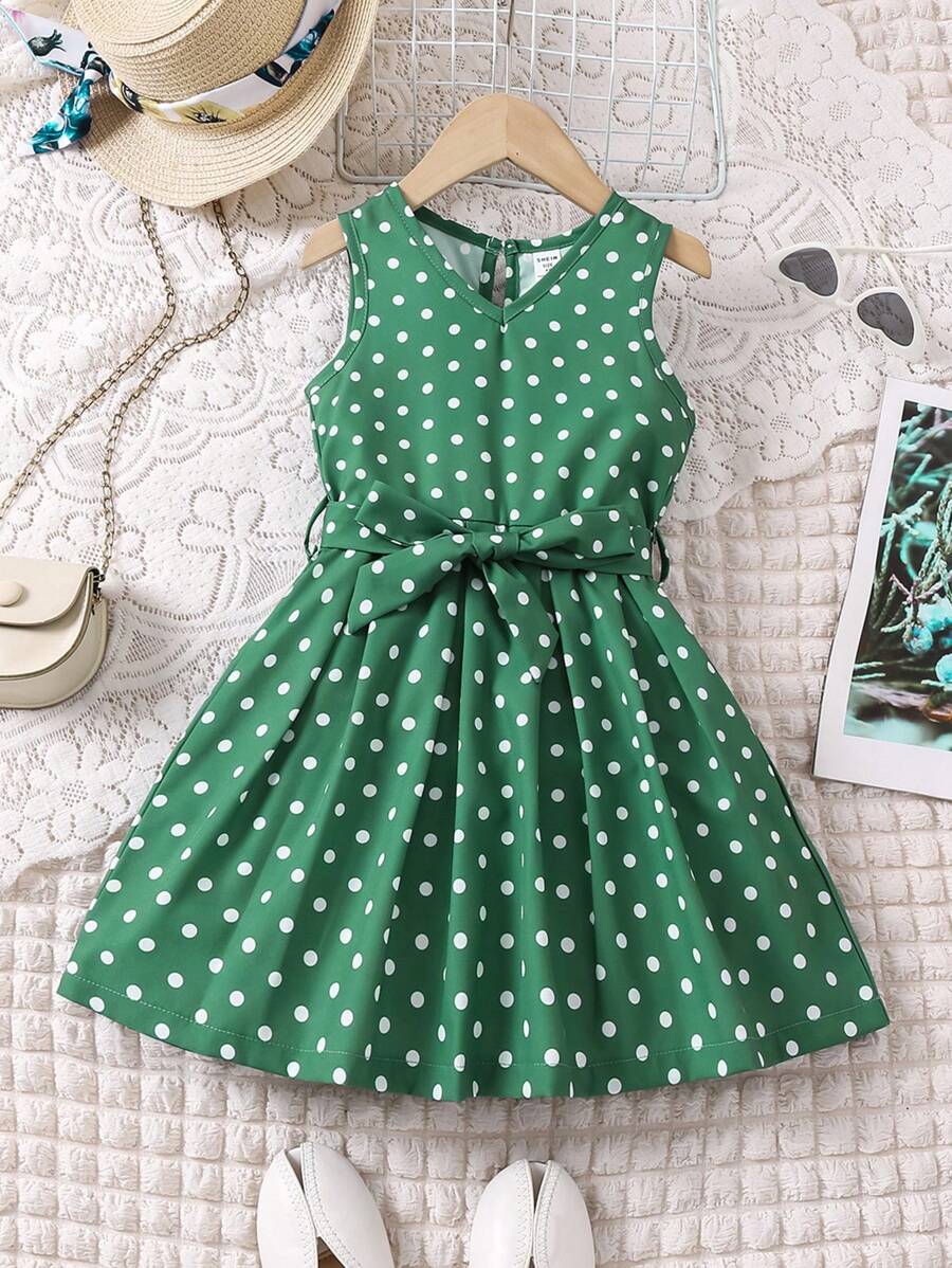 SHEIN Young Girl Green Polka Dot Sleeveless V-Neck Dress With Belt, Casual Vacation Style Fashionable And Versatile Spring/Summer New Arrival - Green - View 1
