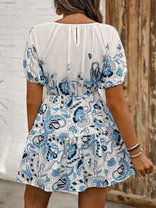 Breezaya 女士花紋印花領子和鑲空設計連衣裙 - 藍白色 - 查看 2