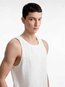 GENTILAND Men's Knitted Round Neck Sleeveless Sweater Tank Top - White - View 3
