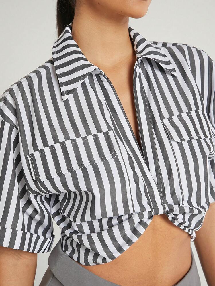 Striped Crop Flap Pocket Shirt