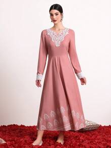 Divindia 女式刺繡裝飾長袖洋裝 - 粉色 - 查看 3