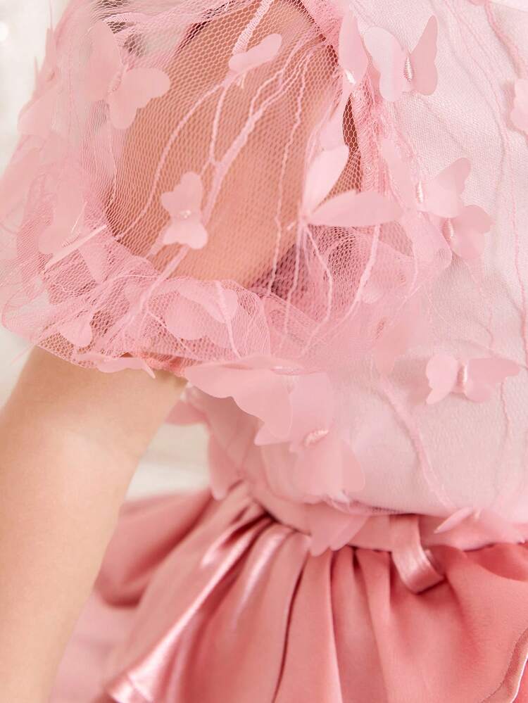 Baby Girl Elegant Cute 3d Butterfly Mesh Short Sleeve Top With Satin Belt And Layered Skirt Set