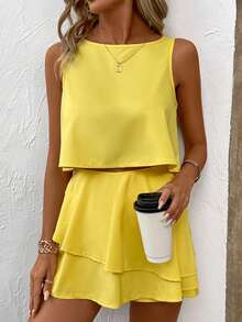 SHEIN Clasi Màu thuần Không tay Áo vest Và Quần short Lỏng lẻo Bộ - Màu vàng - Xem 3