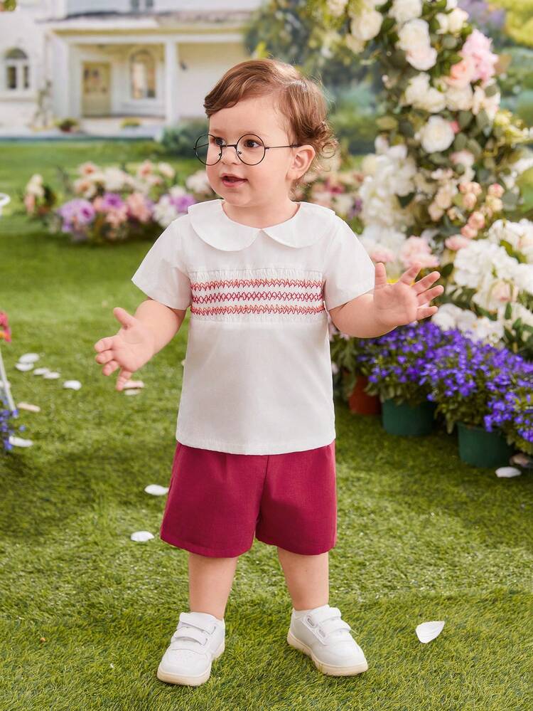 Baby Boy's Casual Two Pieces Outfit With Short Sleeve Color Block T-Shirt And Wine Red Shorts