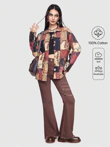 ROMWE Hippie Patchwork Print Drop Shoulder Button Front Coat