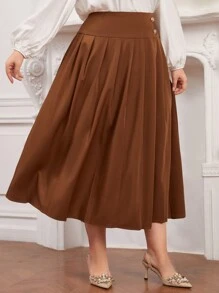 Modelyn 大尺碼純色百褶a字裙 - 卡其色 - 查看 4