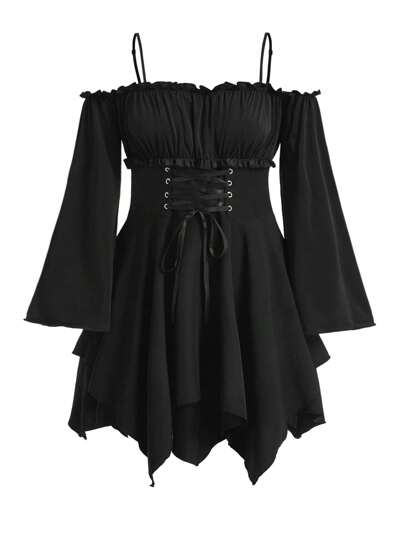 Fairycore Plus Size Women Open Shoulder Dress With Waist Tie