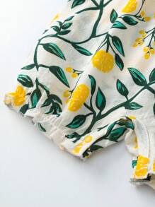 SHEIN Baby Girl Double Bow Ruffle Plants Print Romper