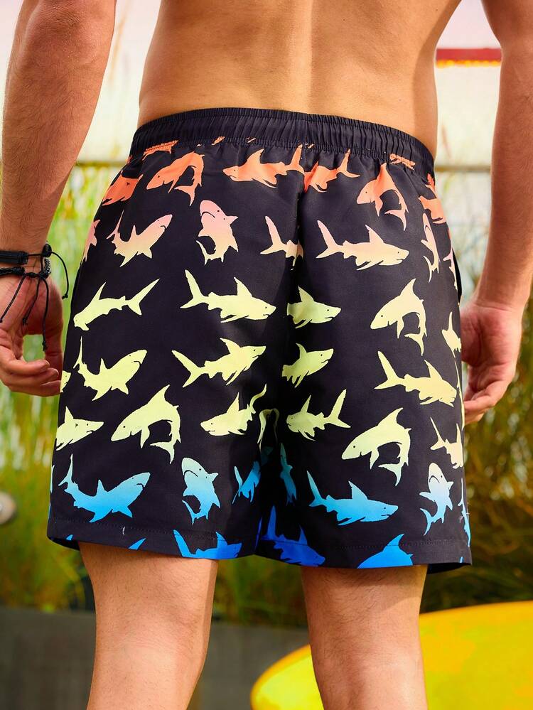 Men's Shark Print Drawstring Waist Beach Shorts