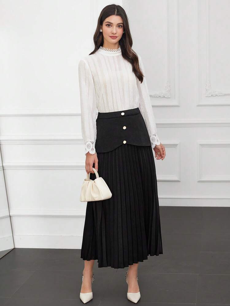 Women's Button Decorated Pleated Skirt Fall Cloth For Women